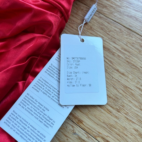 Stacees Size 4 Red Sheath Sweetheart Sweep Train Satin Dress with Pleated Split - Picture 4 of 13